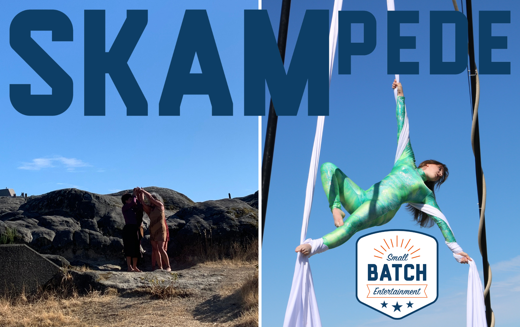 SKAMpede logos featuring two archival photos, one of the Visible Bodies Performance in 2021 and the other of an Aerialist at the Shipyard in 2021