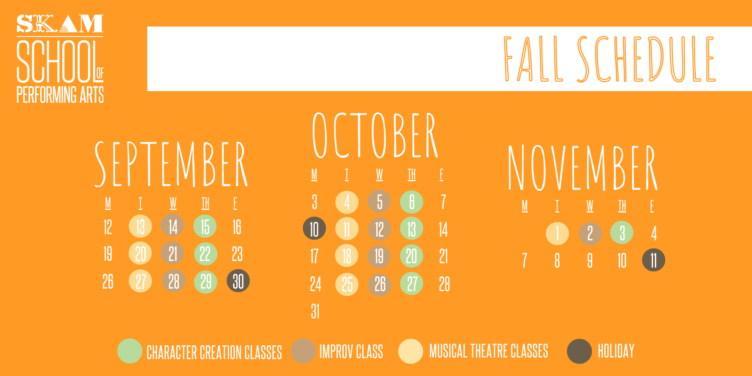 Calendar displaying musical theatre classes on tuesdays, improv on wednesdays, and character creation on thursdays.