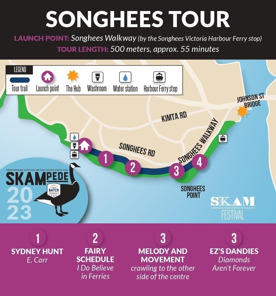 Map of songhees tour beginning by the songhees harbour stop ferry and extending toward the Johnson street bridge.