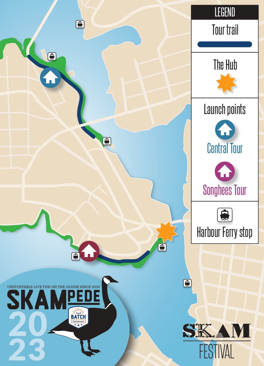 SKAMpede map depicting Harbour ferry stops, tour routes, and the hub next to johnson street bridge.