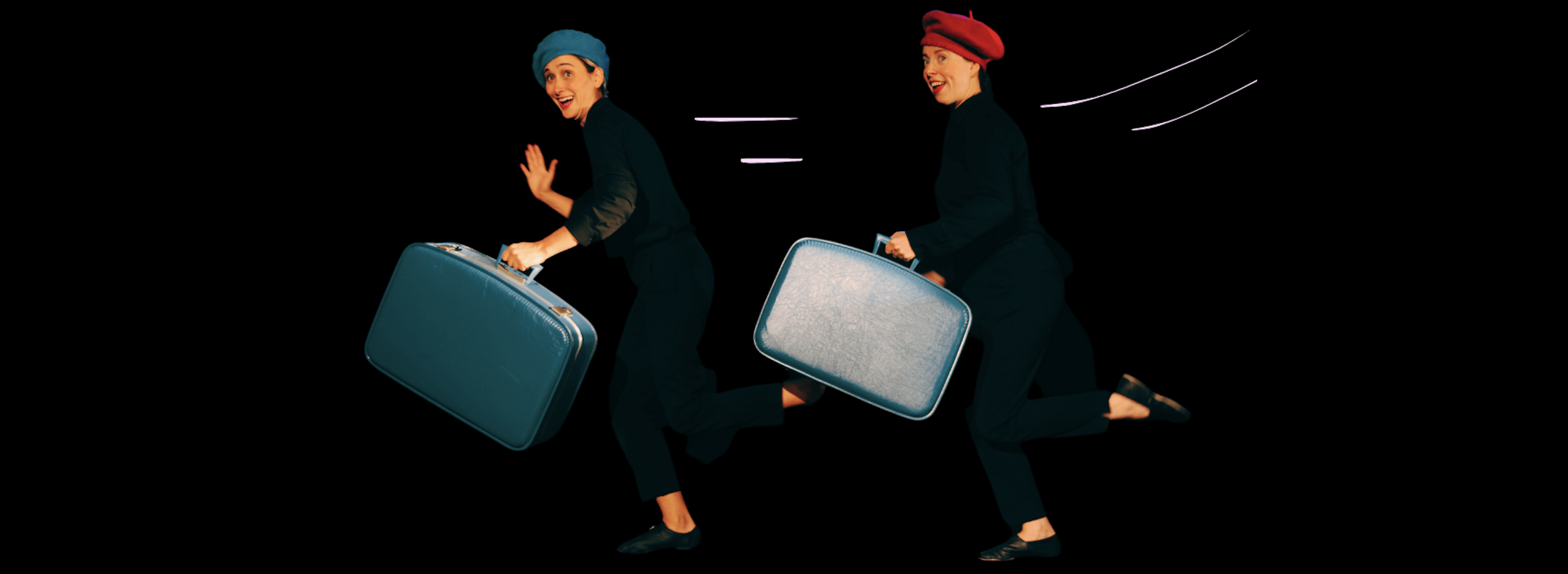 two mimes running with suitcases